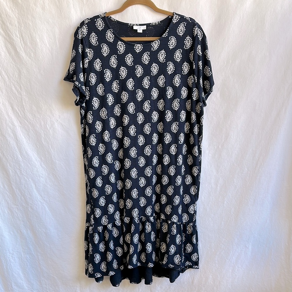 J. Jill soft navy paisley print ruffle hem high-low short sleeve dress, size XL